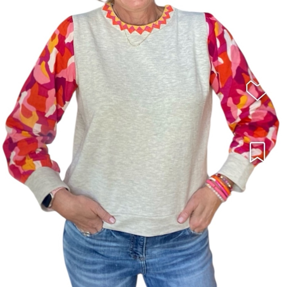 NWT THML Gray sweatshirt Blouse with Pink and Orange Sleeves